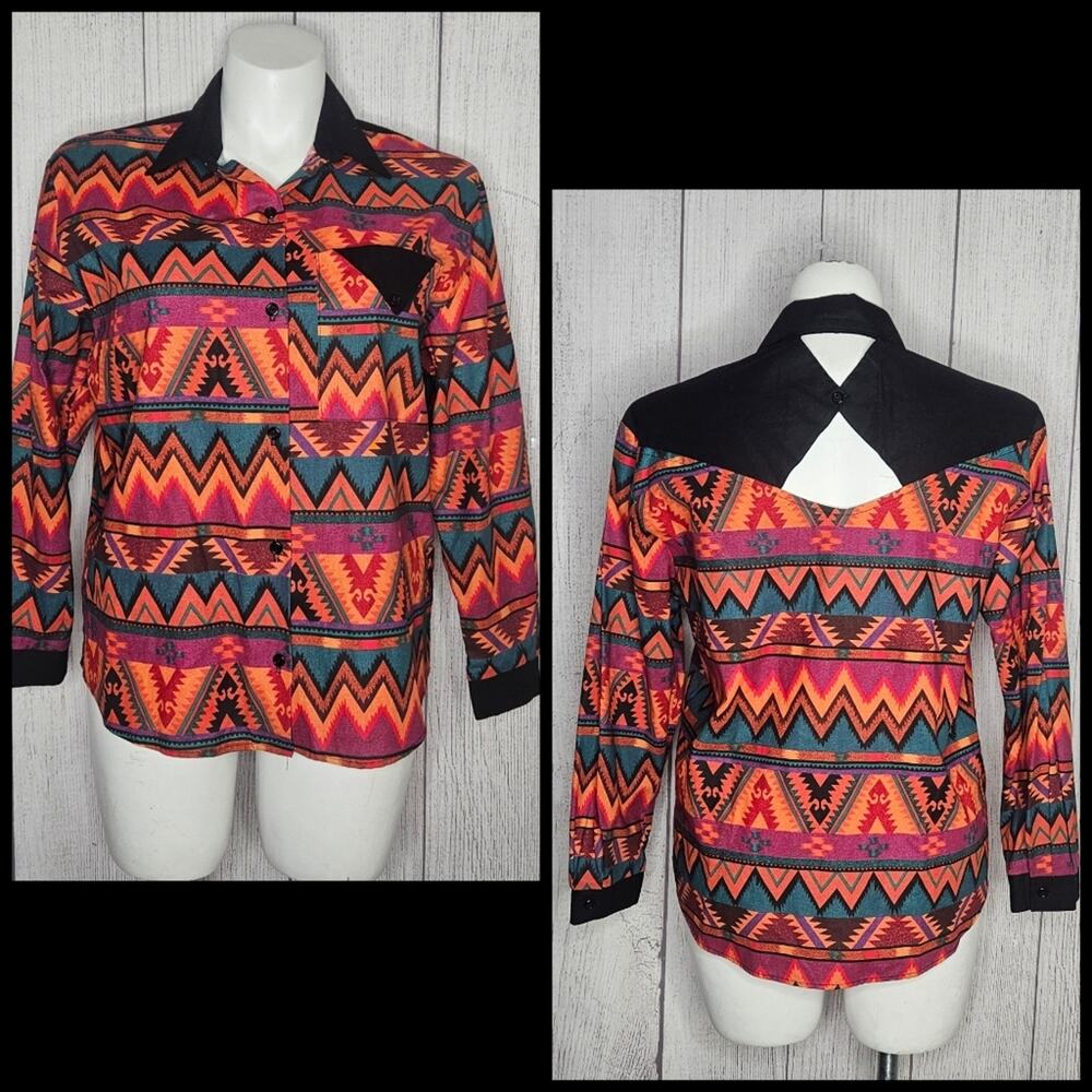 Vintage 90s Ozark Mountain Southwest Button Up with Peekaboo Cutouts, size Large